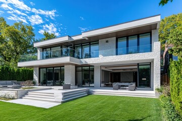 Modern luxury villa minimalist architecture blue and white exterior large glass windows