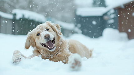 Dog Playing and Rolling in Snow in Backyard Joyful Scene
