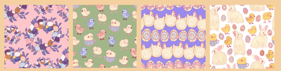 Obraz premium Set of pastel seamless hand-drawn Easter patterns. Cute bunnies, chicks, hens, wreath. Seasonal festival provence wallpape