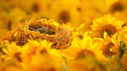 A vibrant scene of a bird nest in a sunflower field, surrounded by bright yellow petals.
