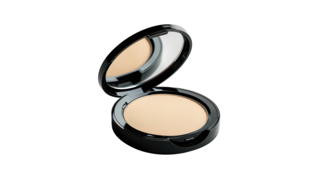 A sleek black compact with a light beige powder inside, reflecting a modern and minimalist design for everyday makeup use on transparent background