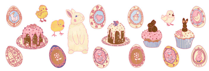 Easter set of transparent illustration stickers without background. Eggs, Easter cakes, rabbit, chickens. Festival holiday decorations, sweets, cute animals for spring Provence postcard design