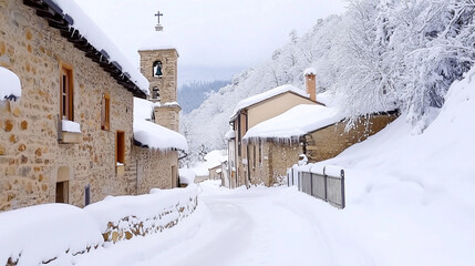 European Village in Snow with Church Bells Ringing