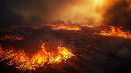 Dry grass burns on meadow in countryside at sunset. Wild fire burning dry grass in field. Orange flames and billowing smoke. Open fire.
