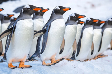 Fototapeta premium Group of gentoo penguins standing on snow in a cold environment