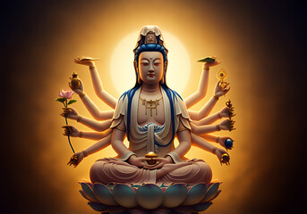 Obraz premium A graceful depiction of Kannon Bodhisattva seated on a lotus, surrounded by a soft glow, holding sacred items symbolizing compassion and enlightenment.