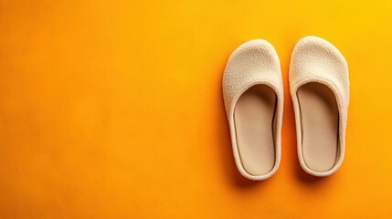 Comfortable beige slippers positioned centrally on a bold orange surface, with ample blank space surrounding them.
