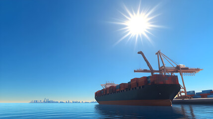 A large cargo ship docked at a port with cranes unloading containers under the bright sunlight. Cargo ship unloading at port.