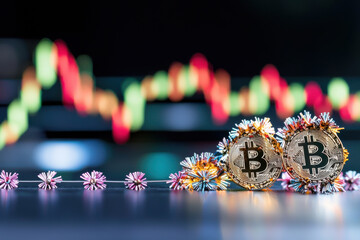 Cryptocurrency coins with festive decorations on blurred market graph background, symbolizing market trends and volatility