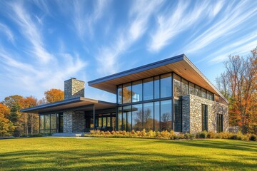 Obraz premium Modern suburban house stone and siding exterior large windows peaked roof manicured lawn