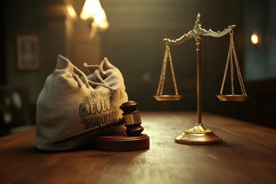 Money bag gavel justice scale courtroom wooden table