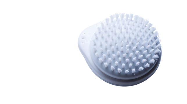 A soft silicone cleansing brush resting on a minimalist light surface for skincare routine enhancement on transparent background