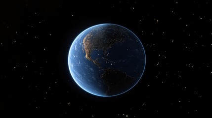 The planet Earth bathed in blue light as sunlight peeks over its edge, stars scattered across the surrounding void.