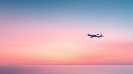 Fototapeta premium A minimalist design of an airplane soaring through a gradient sky, with a calm sea below. Airplane flying over ocean.