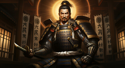 A majestic depiction of Hachiman, god of war and warriors, in samurai armor surrounded by banners and a shrine setting, symbolizing strength and protection.