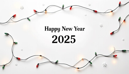 Minimalist Happy New Year 2025 Greeting with Festive String Lights on a White Background, New Year 2025 Design with Decorative Lights