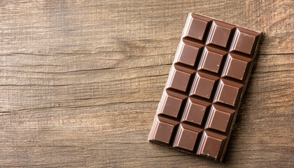 Dark chocolate bar on rustic wooden surface, perfect for indulgence and enjoyment. rich texture and color enhance natural beauty of wood