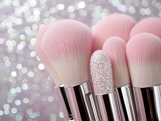 Soft pink and silver makeup brushes arranged elegantly against a shimmering background