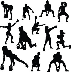Set silhouettes athletes weight lifter lift kettlebell, weights. Weight lifting. Vector figures of sports men