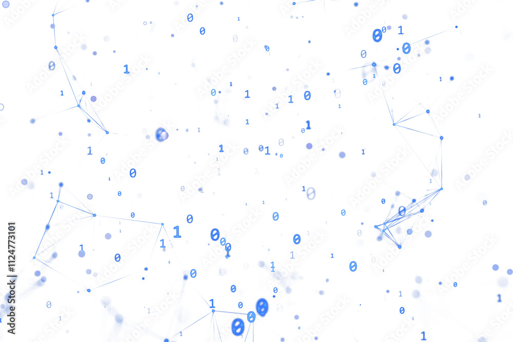 Aufkleber Abstract binary numbers with blue network lines, white background, digital style, futuristic concept of virtual data and technology, 3D Rendering
