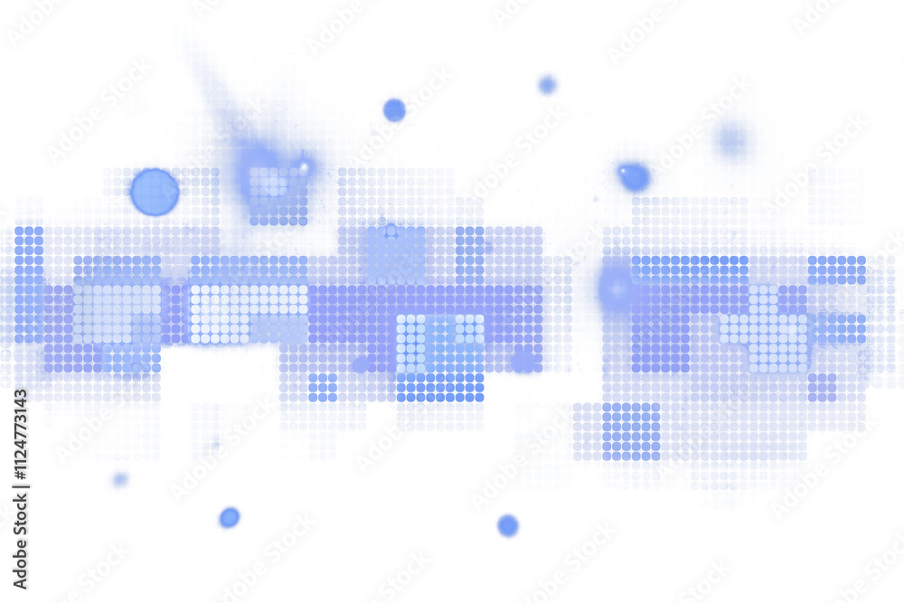 Poster Abstract digital dots pattern in blue tones on a clean white background, with blurred effects. Concept of virtual and tech design. 3D Rendering.