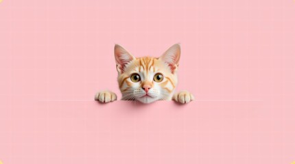 A cat peering with wide eyes on a solid pastel pink background, minimalist and endearing