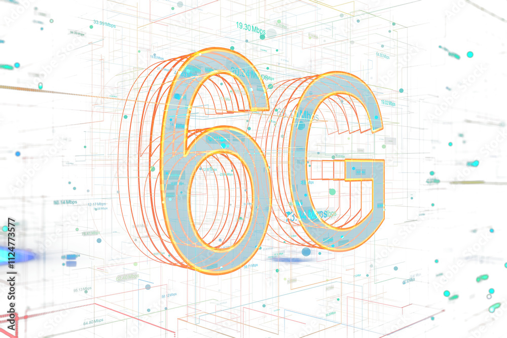 Poster Digital 6G wireframe with neon-style outline, surrounded by a virtual data network on a clean white background, concept of future connectivity. 3D Rendering.