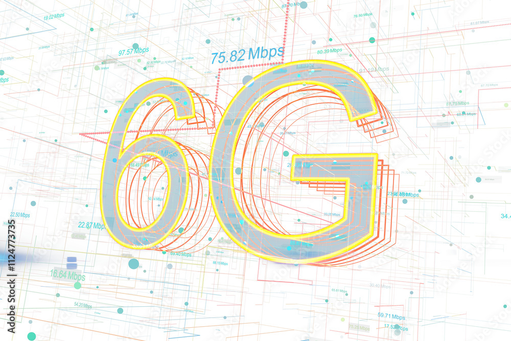 Poster futuristic holographic 6g concept with neon outlines and digital grid elements, displayed on a clean