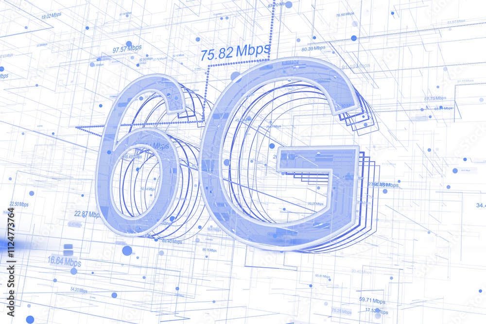 Poster holographic representation of 6g technology with blue outlines, data speed points, and grid design o