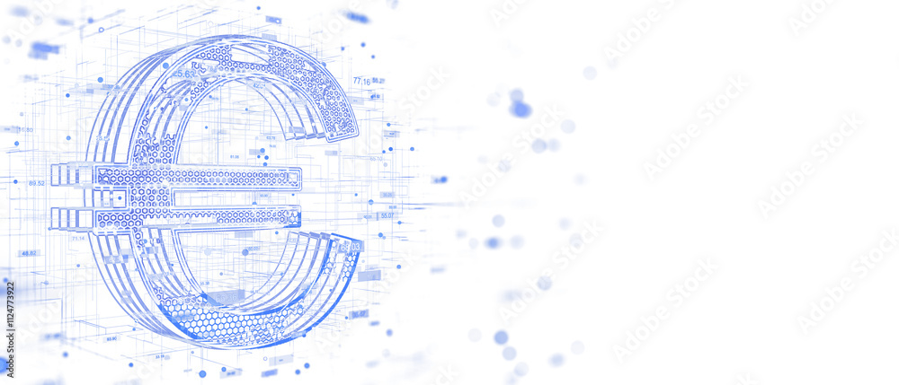 Aufkleber Euro symbol with hexagonal patterns, digital blue grid design, isolated on white background, representing futuristic financial technology. 3D Rendering.