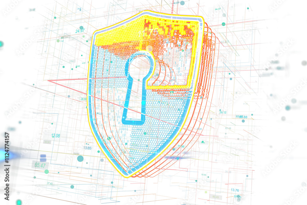 Poster Digital shield hologram with keyhole, vibrant neon colors, overlayed on white background, symbolizing cybersecurity and data protection. 3D Rendering.