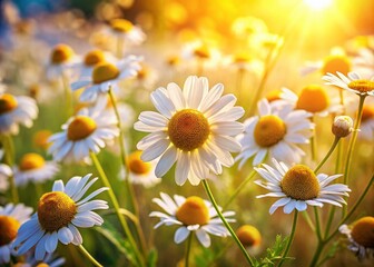Fototapeta premium Beautiful Macro Photography of Chamomile Flowers in a Sunlit Field, Showcasing Delicate Petals and Natural Beauty of Nature's Flora in Full Bloom