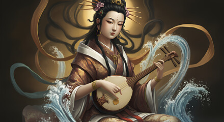 A depiction of Benzaiten, goddess of music and fortune, playing a biwa surrounded by flowing water, symbolizing creativity and prosperity.