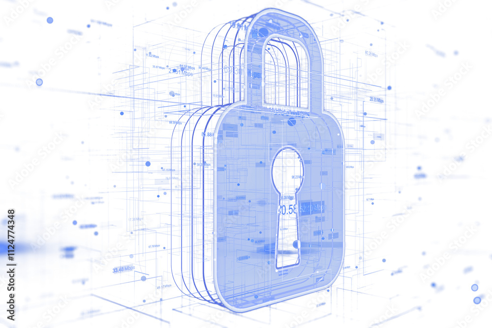 Leinwandbilder transparent blue lock icon with holographic style, surrounded by digital lines and data points, on a
