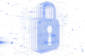 Transparent blue lock icon with holographic style, surrounded by digital lines and data points, on a white background, concept of security. 3D Rendering. © Who is Danny