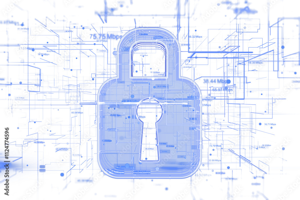 Aufkleber blue holographic lock with digital network lines, wireframe style on white background, representing 