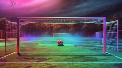 A vibrant scene of a soccer field with goalposts and a ball in the center, ready for a game.