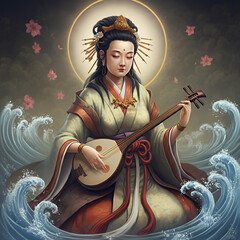 A depiction of Benzaiten, goddess of music and fortune, playing a biwa surrounded by flowing water, symbolizing creativity and prosperity.