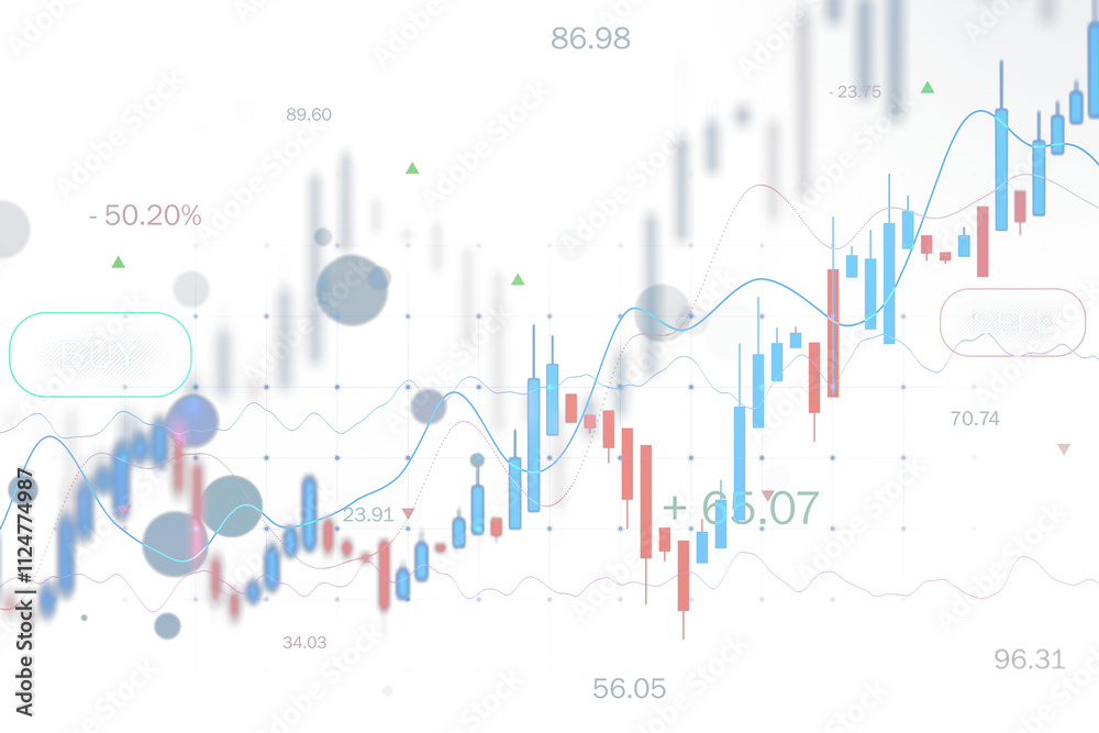 Poster Transparent candlestick chart with blue and red data lines, white background, digital style, concept of forex and trading analysis. 3D Rendering.