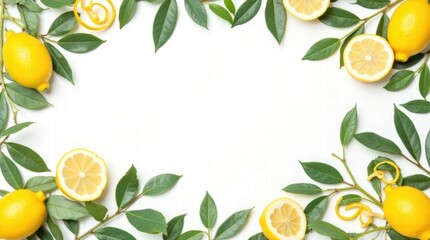 Lemon and green leaves on a white background, creating an organic pattern with copy space for text or images