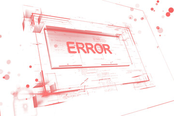 Abstract red error text in digital holographic style on white background, surrounded by virtual tech lines and scattered elements, concept of system failure. 3D Rendering.