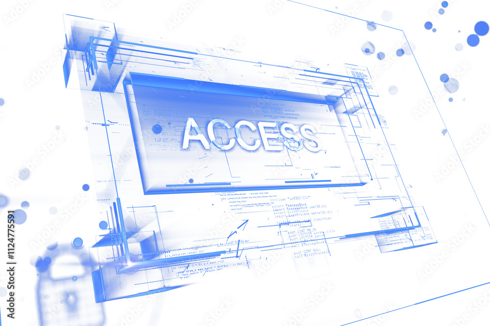 Poster Futuristic ACCESS text design in blue neon style, on a transparent digital tech background, showcasing a hologram and virtual tech concept. 3D Rendering.