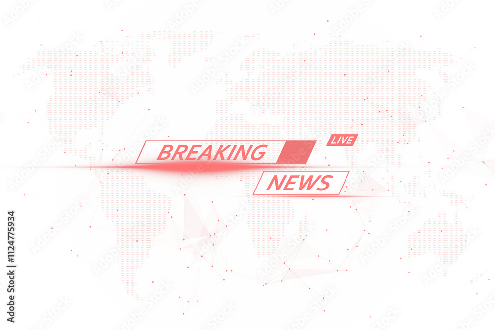 Aufkleber breaking news banner with red text and live label, world map with dotted style on white background, 