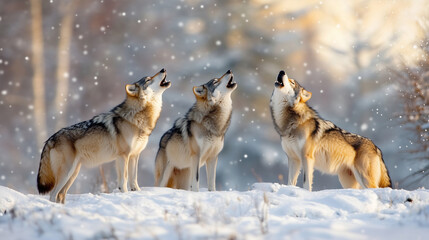 Naklejka premium Wolves Howling at Moon in Snowy Forest
