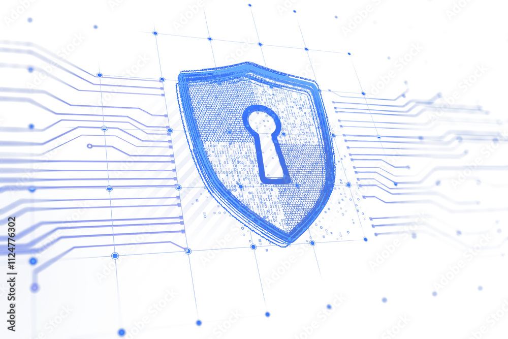 Poster Blue shield with keyhole over digital circuits, wireframe style on white background. Concept of cybersecurity, data protection, and network safety. 3D Rendering.