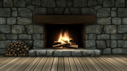 The stone fireplace radiates warmth as flames dance above the glowing firewood, filling the room with a comforting atmosphere