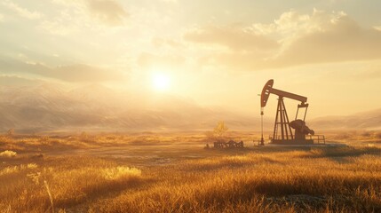 Fototapeta premium Oil Pump Jack Operating in Open Field at Sunrise