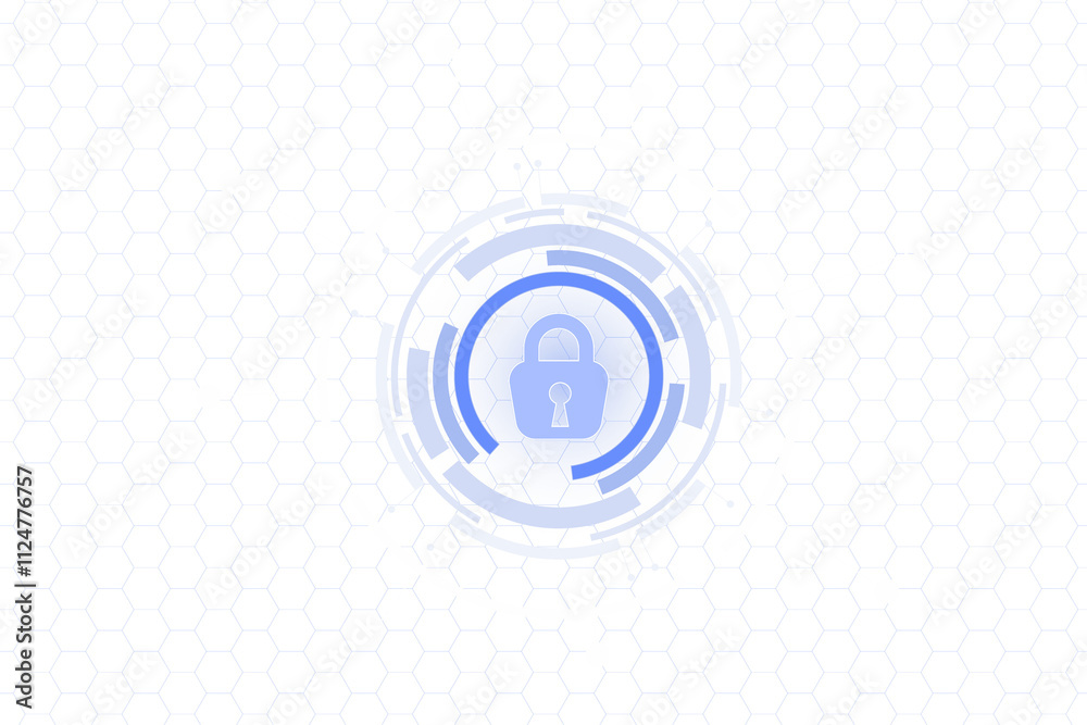 Aufkleber Digital lock icon with blue neon-style circular design on white hexagonal background, symbolizing cybersecurity and data protection. 3D Rendering.