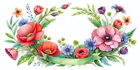 Beautiful Watercolor Floral Wreath Arrangement Featuring Poppies and Field Flowers for Wedding Invitations, Thank You Cards, and Stationery Designs with Text Space