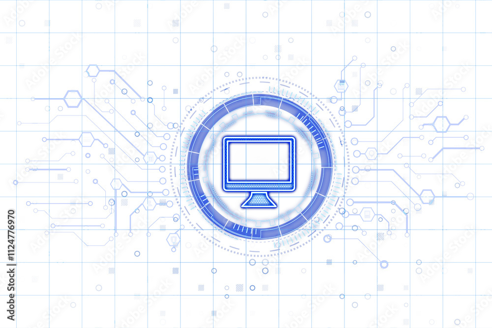 Poster Computer screen hologram with blue neon outline, futuristic circuit design, white grid background. Concept of virtual tech interface. 3D Rendering.